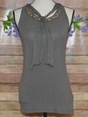 Michael Kors Gray Sleeveless Viscose Blouse Chain Accent & Chic Neck Tie Size S
